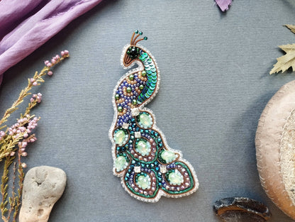 Peacock Profile Embroidery Beaded Brooch Kit