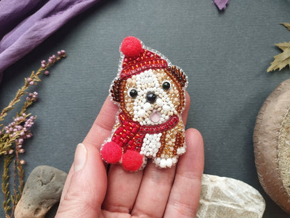 Christmas Dog DIY Brooch Embroidery Kit - English Bulldog