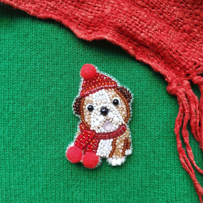 Christmas Dog DIY Brooch Embroidery Kit - English Bulldog