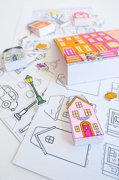 Color-Your-Own Halloween Village - DIY, Halloween Craft